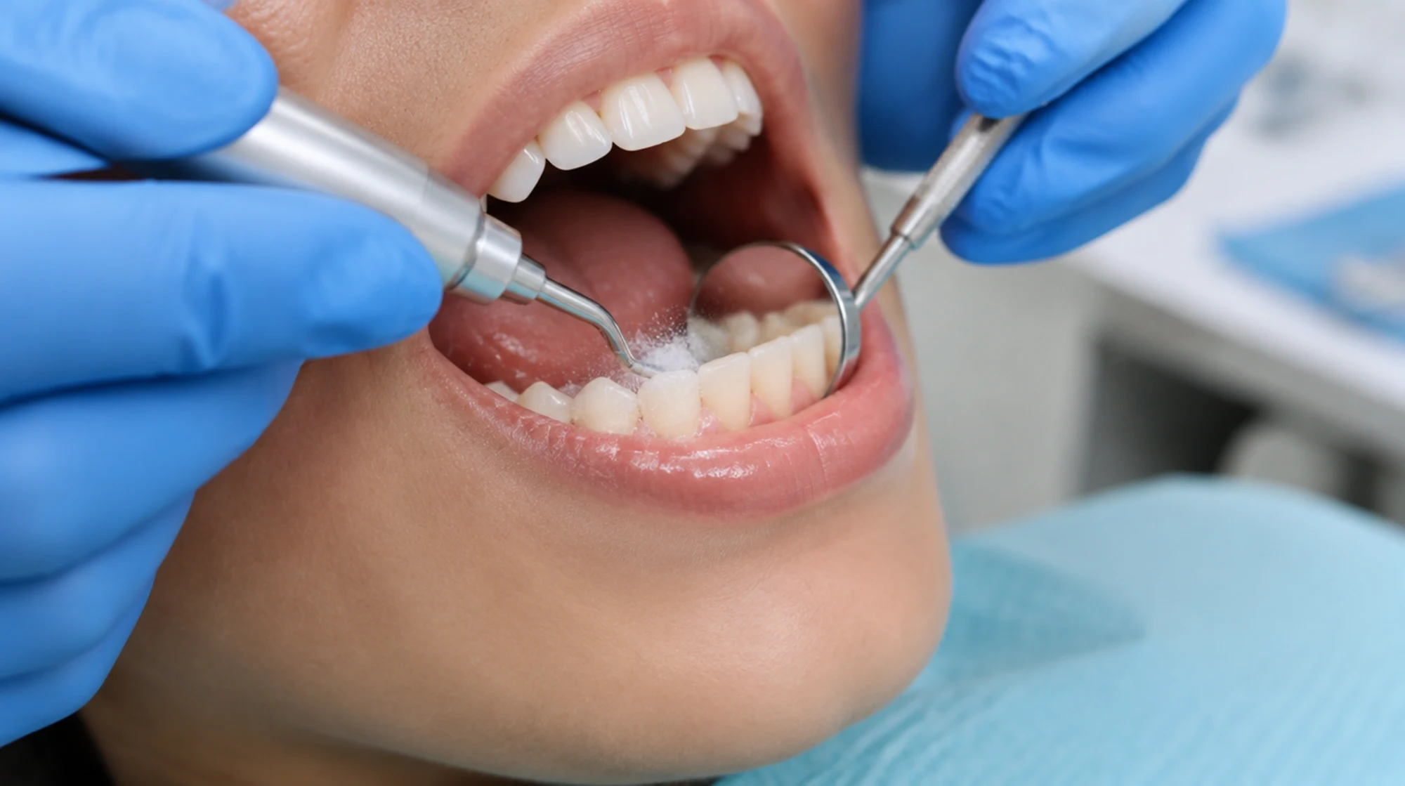 Paciente relajada durante una limpieza dental sin dolor en una clínica dental de Logroño